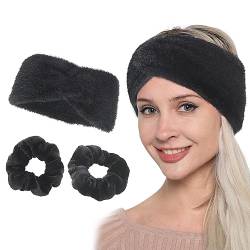 Kiiwah 3 Stück Damen Gestrickt Stirnband Winter und Plüsch Haar Scrunchies Kit, Elastisches Haarbänder Bow Headwrap für Outdoor Sport, Skifahren, Laufen von Kiiwah