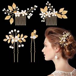 Kiiwah 4 Stück Haarschmuck Hochzeit Perle Blume Braut Haarkamm Strass Brautschmuck Braut Haarnadeln für Kommunion MäDchen Braut Brautjungfer(Gold) von Kiiwah