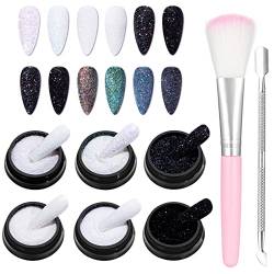 Kiiwah 6 Farben Nagelglitzer, Glitzer für Nägel Schimmernder Zucker Effek, 3D Nagel Glitzerpulver Nagelkunst Glitzerpuder für Maniküre Dekoration Handwerk weiß, schwarz von Kiiwah