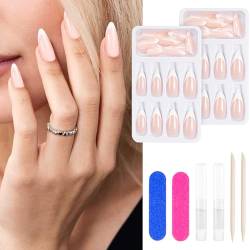 Kiiwah Aurora Pink French Press-on Nails Set, Mandel Lang Fake Nails FrenchTips mit Kleber, Nagelfeilen, Nagelhautstäbchen, Künstliche Fingernägel Set Zum Aufkleben, False Nails Frenchfür Frauen von Kiiwah