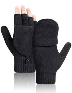 Kiiwah Fingerlose Handschuhe Convertible Warm Strick Halbfinger Handschuhe mit Flip Abdeckung Geeinget für Innen und Außen Damen Herren (Schwarz) von Kiiwah