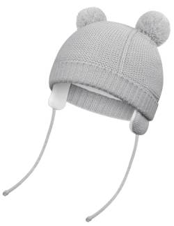 Kiiwah Wintermütze Kinder mit Ohrenklappen, Baby Winter Mütze Warme für Mädchen Jungen, Strickmütze Kinder mit Polar Fleece Lining, Süße Baby Hat mit Bommel für Herbst Winter von Kiiwah