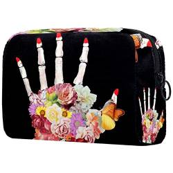 Kleine Make-up-Tasche für Geldbörse, Skelett-Hände mit Blumen, Reise-Kulturbeutel, Reißverschluss, Kosmetik-Organizer für Frauen und Mädchen von KikandKo