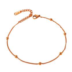 Kim Johanson Edelstahl Damen Fußkettchen *Alba* in Roségold | Fußkette mit 6 Kugeln | Rostfrei & Wasserfest | Fußband mit filigranen Dots | Coins | Frauen Boho Schmuck | Verstellbar inkl Schmuckbeutel von Kim Johanson