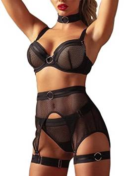 Kimlyf Strapsen Dessous Set für Damen Dessous Sexy Unterwäsche Reizwäsche Set mit Strapsen mit BH und Slip mit Halsband Schwarz 4-teiliges Set L von Kimlyf