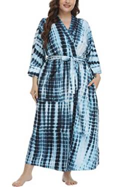 Damen Plus Size Roben Leichte Baumwolle Bademantel Lange Kimono Robe Morgenmantel Weiche Nachtwäsche Spa Knit Wrap Loungewear, Batik/Streifen, 1X von Kimono Palace