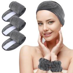 KinHwa Kosmetik Stirnband Frottee mit 2er Spa Armbänder,Haarschutzband mit Klettverschluss für kosmetische Behandlungen, Haarschutz bei Schminken,waschbar (3 pack, darkgray) von KinHwa