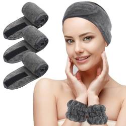 KinHwa Kosmetik Stirnband Frottee mit 2er Spa Armbänder,Haarschutzband mit Klettverschluss für kosmetische Behandlungen, Haarschutz bei Schminken,waschbar (3 pack, darkgray) von KinHwa