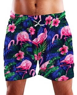 King Kameha Funky Hawaii Schwimm-Hose Bade-Hose Bade-Shorts, Flamingo Flowers, Navyblau Pink, XL von King Kameha