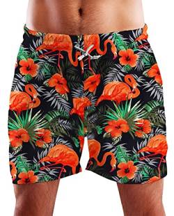 King Kameha Funky Hawaii Schwimm-Hose Bade-Hose Bade-Shorts, Flamingo Flowers, Schwarz Orange, XL von King Kameha