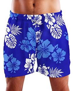 King Kameha Funky Hawaii Schwimm-Hose Bade-Hose Bade-Shorts, Mono Hibiscus, Blau Weiß, XL von King Kameha