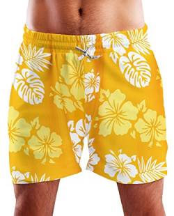 King Kameha Funky Hawaii Schwimm-Hose Bade-Hose Bade-Shorts, Mono Hibiscus, Gelb Weiß, XL von King Kameha