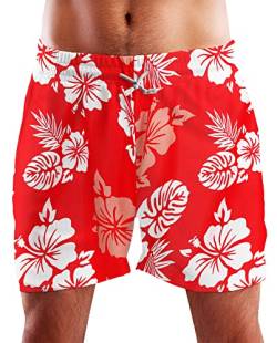 King Kameha Funky Hawaii Schwimm-Hose Bade-Hose Bade-Shorts, Mono Hibiscus, Rot Weiß, M von King Kameha