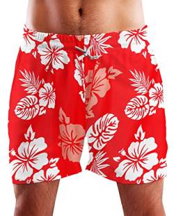 King Kameha Funky Hawaii Schwimm-Hose Bade-Hose Bade-Shorts, Mono Hibiscus, Rot Weiß, XL von King Kameha