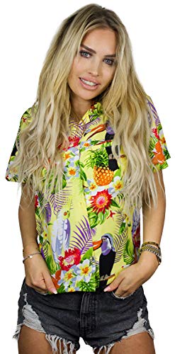 King Kameha Funky Hawaiibluse, Hawaiihemd, Kurzarm, Parrot Cockatoo, Hellgelb, 3XL von King Kameha