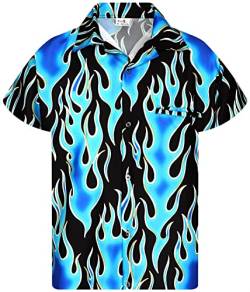 King Kameha Funky Hawaiihemd, Flammenhemd, Flammenshirt, Herren, Kurzarm, Flames Wild, Blau, 3XL von King Kameha