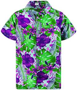 King Kameha Funky Hawaiihemd, Kurzarm, Grüne Blätter Lila Blüten, Türkis, XXL von King Kameha