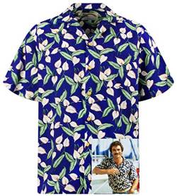 King Kameha Original Hawaiihemd, Magnum, Kurzarm, Tom Selleck Print, Green Leaves, Blau, 4XL von King Kameha