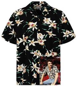 King Kameha Original Hawaiihemd, Magnum, Kurzarm, Tom Selleck Print, Star Orchid, Schwarz, 4XL von King Kameha