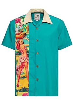 King Kerosin Herren Panel Hemd | Loungehemd | Bowling Hemd| Kurzarm | Pin-Up Girl | Tropical | Rockabilly | Rock'n'roll | Vintage | Retro | Biobaumwolle Pin-Up Hawaii von King Kerosin