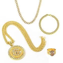 KingYH Dollar Zeichen Halskette Set Hip Hop Dollar Halskette Ring Gold-Armband Hip Hop Kostüm Set 80 90er Jahre Zuhälter Kostüm Set für Faschingszubehör Rapper Millionärs-Outfits Fasching Karneva von KingYH