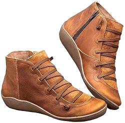 Kinloy Frauen Flache Ferse Stiefeletten Schnüren Seitlichem Reißverschluss wasserdichte Vintage Leder Mode rutschfeste Herbst Winter Freizeitschuhe Braun 35 EU von Kinloy