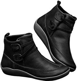 Kinloy Frauen Flache Ferse Weiche Bogenstütze Stiefel Leder Herbst Reißverschluss Schnürstiefeletten Damen Bequeme Kurze Stiefel Schwarz 38 EU von Kinloy