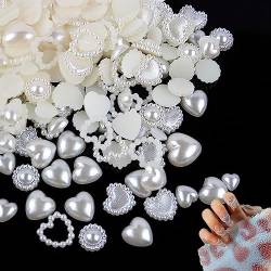 Kireida® 460 Stück cremeweiße Perlen-Herz-Nagel-Charms, gemischte Stile, flache Rückseite, Herz, niedliche verschiedene Perlen, Herz-Perlen, 3D-Nagelkunst-Charms von Kireida