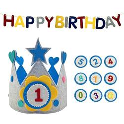 Kireida® Kinder-Filz-Geburtstagsmütze Blaue Herzzahl Verstellbarer Klettverschluss Inklusive Flagge und Aufbewahrungstasche Wiederverwendbare Zahlen 0-9 von Kireida
