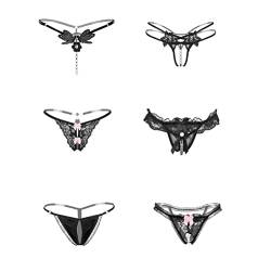 Kissecret Schwarzer Spitze Strings für Damen Packung mit 6pcs Charming Lingerie Tanga Unterwäsche (S, 6 Schwarz) von Kissecret