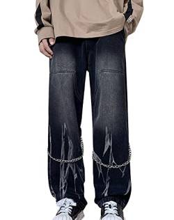 Kisswow Damen-Jeans mit hoher Taille, gerades Bein, schräge Tasche, Denim-Hose, Mädchen, modische Farbe, schwarze Patch-Jeans, mit Kette 01 schwarz, Groß von Kisswow