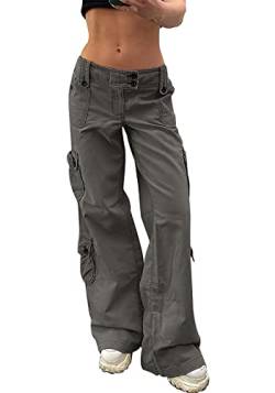 Kisswow Frauen Hohe Taille Gerade Bein Jeans Cargo Hosen Schräge Tasche Denim Hosen Mädchen Mode, Multi-Pocket 04 Grau, M von Kisswow