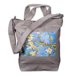 Kiwistar - Einkaufstasche Canvas Tote Bag - Grau - Van Gogh Almond Blossom - Tragetasche bedruckt - Extra Fach für Smartphone & Geldbeutel - lange & kurze Henkel - Shopper von Kiwistar