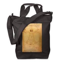 Kiwistar - Einkaufstasche Canvas Tote Bag - Schwarz - Leonardo Da Vinci Man - Tragetasche bedruckt - Extra Fach für Smartphone & Geldbeutel - lange & kurze Henkel - Shopper von Kiwistar