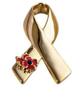 Luxuriöse, goldfarbene, symbolische Anstecknadel/-brosche in Form einer Mohnblumen-Aufmerksamkeitsschleife, BR396 von Klaritta