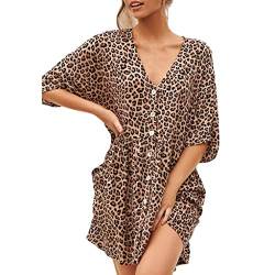 Dasongff Damen Sexy Leopard Kleider Minikleid V-Ausschnitt Dress Button Blusenkleid Lose Casual Tshirt Kleid von Kleider Damen Dasongff