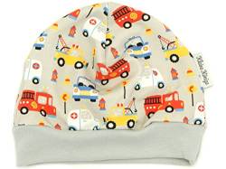 Kleine Könige Mütze Baby Jungen Beanie · Mitwachs-Funktion · Modell Autos Happy Cars, hellgrau · Ökotex 100 Zertifiziert · Größen 50/56 von Kleine Könige
