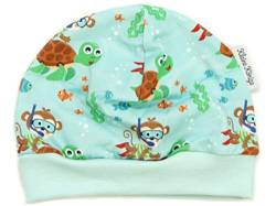 Kleine Könige Mütze Baby Jungen Beanie · Mitwachs-Funktion · Modell Schildkröte AFFE Diving Monkey, Aqua · Ökotex 100 Zertifiziert · Größe 62/68 von Kleine Könige