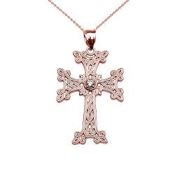 Damen Anhänger Halskette 14 Karat Rotgold Armenisch Kreuz Solitär Diamant (Kommt mit einem 45cm Kette) von Kleine Schätze