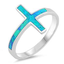 Damen Ring 925 Sterling Silber Blau Opal Seitlich Kreuz von Kleine Schätze