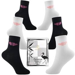 6 Paar Bambussocken für Mädchen Knöchelhoch, atmungsaktive süße Kindersocken mit Herz-Muster, glatte Zehennähte, umweltfreundliche Verpackung, Mädchensocken 6er-Pack, EU-Größe 31-36 (Schwarz & Weiß) von Klenton