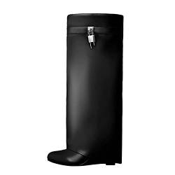 Kluolandi Damen Faltbare Kniehohe Stiefel mit Metall-Vorhängeschloss überzogener Keilabsatz breite Wade Schlupfstiefel, schwarz, 40 EU von Kluolandi
