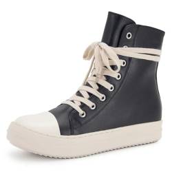 Kluolandi Damen High Top Sneakers Schnürschuhe Canvas Schuhe mit Reißverschluss Komfort Plattform Walking Schuhe in Schwarz und Weiß, Schwarz (Black Pu), 40.5 EU von Kluolandi