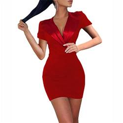 Frauen Sexy Tiefem V-Ausschnitt Kleider Mode Sommer Sexy Einfarbig Lederkragen Minikleid Bodycon Kurzarm Club Party Abendkleid von Kmuing