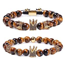 KnBoB 2 Stück 8MM Armband Perlen für Herren Damen, Legierung Schwarz Braun Mit Gold Krone Achat Naturstein Armbänder 18 CM von KnBoB