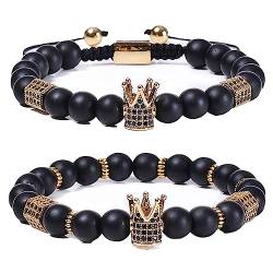 KnBoB 2 Stück 8MM Perlen Armband für Herren Damen, Legierung Schwarz Elastisch Naturstein mit Krone Zirkonia Armbänder 18 CM von KnBoB
