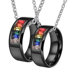 KnBoB 2 Stück Paar Ketten mit Ringe Personalisiert, 8MM Gay Halskette Edelstahl Schwarz LGBT Bunt Rechteck Zirkonia Anhänger für Halskette von KnBoB
