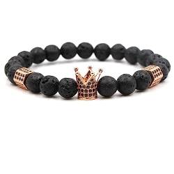 KnBoB 8MM Armbänder Perlen Herren Damen, Legierung Schwarz Stil 4 Krone aus Roségold Lavastein Stretch Armband 19 CM von KnBoB