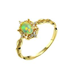 KnBoB Damen Goldring 585, Retro Bunt Oval Opal mit Weiß Rund Zirkonia Schmuck Ring Größe 56 (17.8) von KnBoB