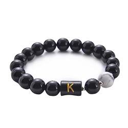 KnBoB Perlen Armband für Herren, Schwarz K Onyx Buchstabe Naturstein Schmuck Armbänder 21.5 CM von KnBoB
